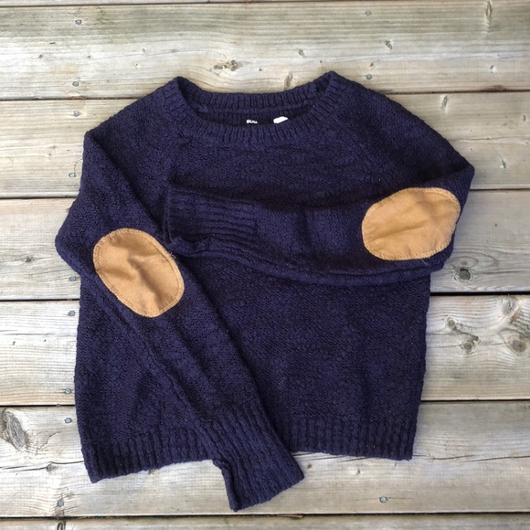 Navy Blue Knit Top w/ Brown Elbow Patches BDG (Size M- fits short) - Picture 1 of 5